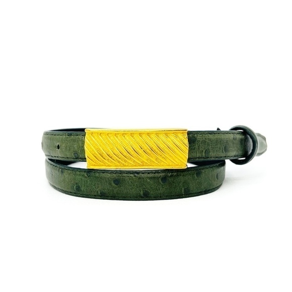 Carlisle Skinny Belt Womens Medium Green Ostrich Leather Gold-tone Buckle EUC main image 9